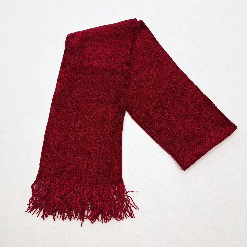 Handwoven by Mary Ann Burgundy Red Chenille Scarf Fringe‎ Elegant Artsy